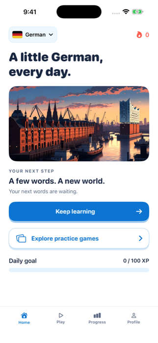 KarteiDeck German home screen with daily learning and review cards